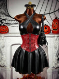Black and red faux leather halter corset mini dress with buckles and flared skirt