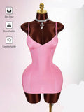 Pink fitted cami mini dress with slim straps and sweetheart neckline