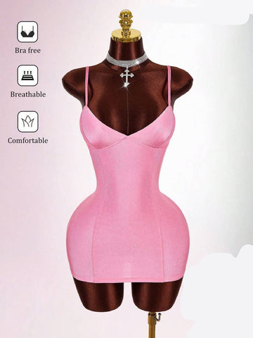 Pink fitted cami mini dress with slim straps and sweetheart neckline