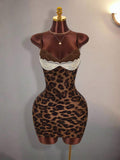 Front view of khaki leopard print lace patchwork bodycon cami mini dress