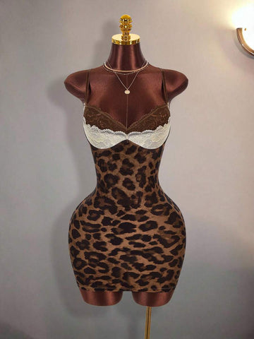 Front view of khaki leopard print lace patchwork bodycon cami mini dress