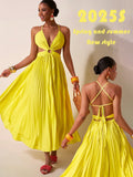 Step into sunshine with the Yellow Beach Goddess Maxi, designed to turn heads on your holiday escape. Featuring playful hollow details, a flirty lace-up front, and a chic circular ring accent, this dress flows asymmetrically for effortless movement. Perfect for beach strolls or sunset cocktails, it’s your go-to for a vibrant, carefree vibe.