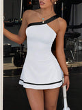 one shoulder tennis sports mini dress with built-in shorts, side pocket, contrast trim, backless cut and flared skirt image 1