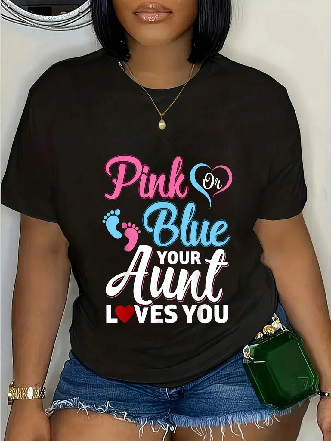 Show off your aunt's love and excitement for the little one in style with this adorable gender reveal t-shirt! Available in both pink and blue, this t-shirt will add a playful and loving touch to any gender reveal party or family gathering. Your aunt will surely love wearing this shirt and showing her support for the new addition to the family!