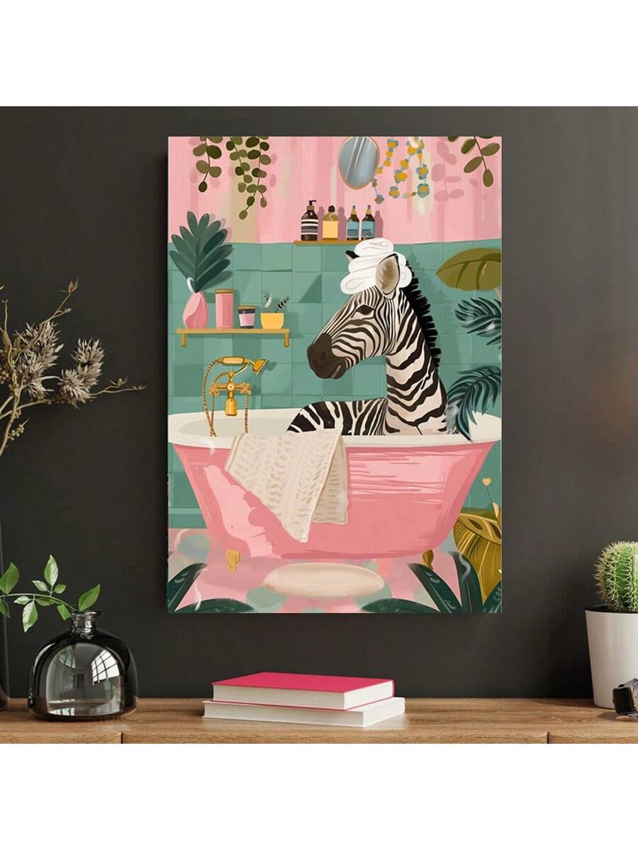 Create a fun and relaxing atmosphere in your bathroom with this Zebra Relaxing in Bathtub Canvas Wall Art. Featuring tropical jungle home decor, this piece adds a touch of whimsy to your space. Made from high-quality materials, it is durable and long-lasting. Perfect for animal lovers and those who enjoy a unique twist on traditional bathroom decor.