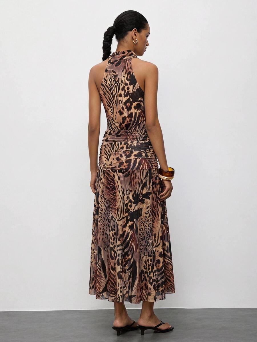 Brown Zebra Print Fitted Maxi Dress for Summer Vacations and Night Out