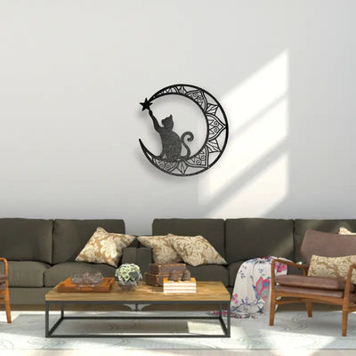 Cat and Moon Metal Art Sculpture: A Whimsical and Elegant Silhouette Decoration for Indoor and Outdoor Spaces