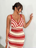 front close view of colorblock striped sleeveless knit midi dress