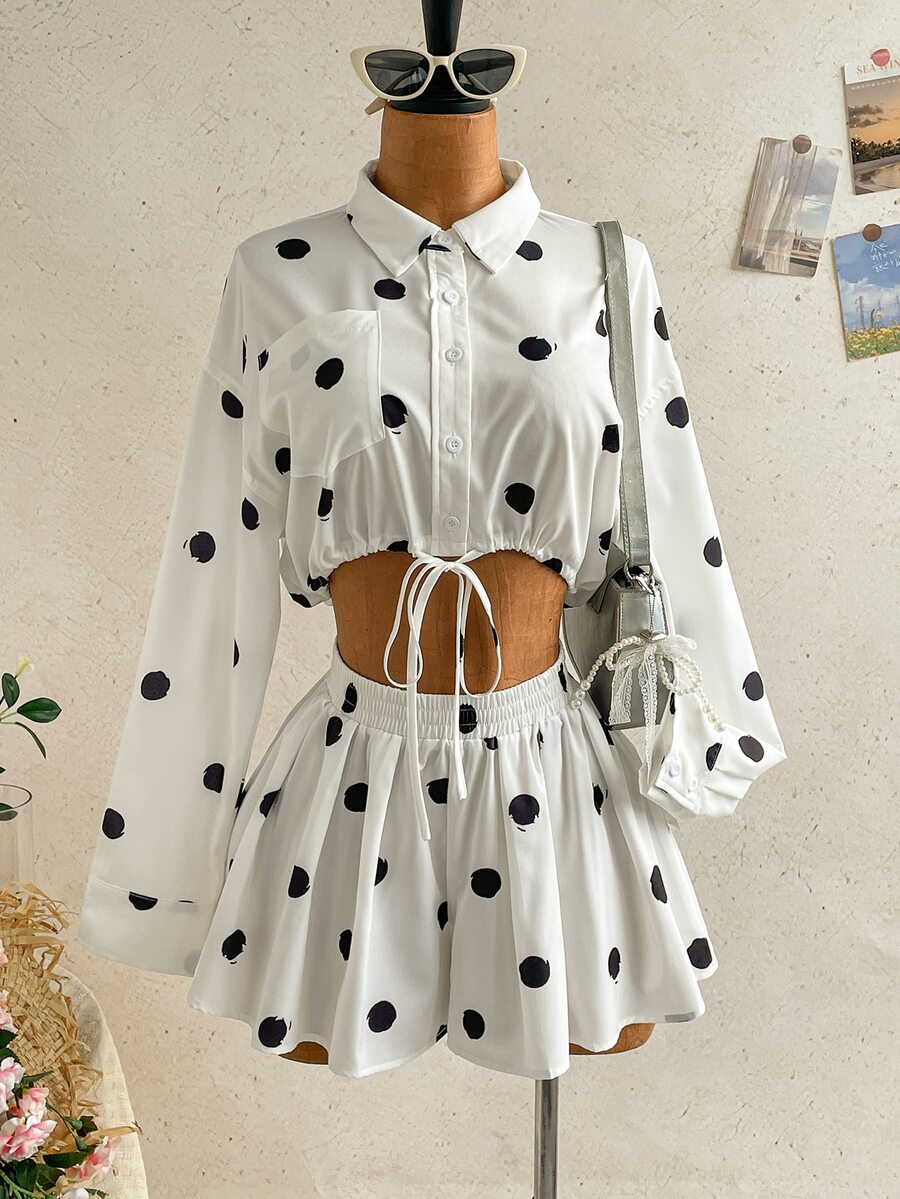 Chic Cream Yellow Polka Dot 2-Piece Skirt Set for Stylish Summer Vacations and Casual Outings 