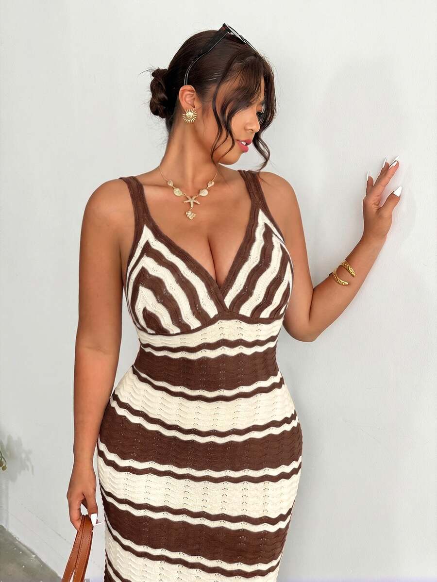 front close view of colorblock striped sleeveless knit midi dress