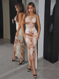 Front view of rust brown tie-dye sleeveless bodycon maxi dress by mirror