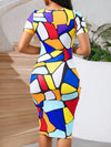 Summer Chic: Casual Slim Fit Printed Dress with Color Block Design