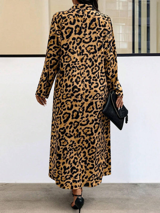 Chic Plus Size Floral & Leopard Print Long Sleeve Casual Dress