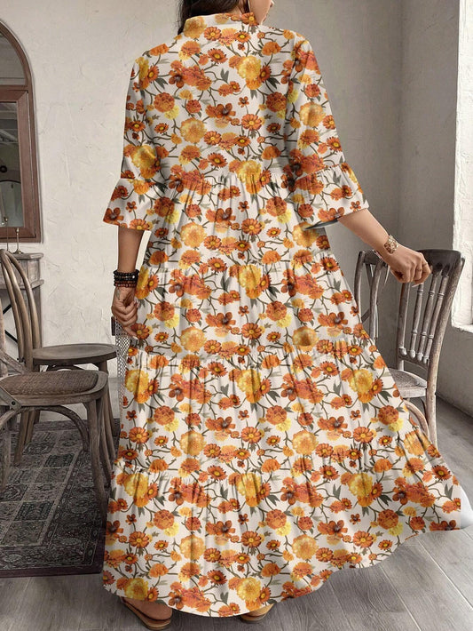 Chic & Cozy Plus Size Yellow Ditsy Floral Dress for Autumn/Winter