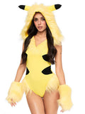 Side view of yellow deep V anime cosplay bodysuit with fuzzy hood detail