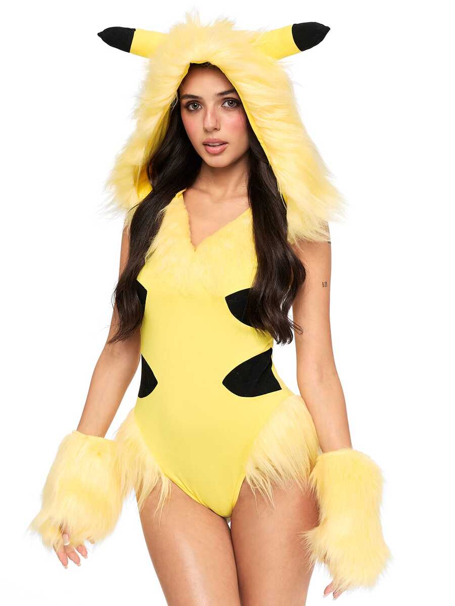 Side view of yellow deep V anime cosplay bodysuit with fuzzy hood detail