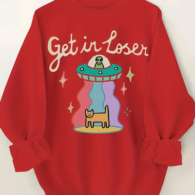 Vibrant Alien & Letter Print Sweatshirt - Soft, Casual Crew Neck Long Sleeve Design, Relaxed Fit, Women's Fashion Clothing for Everyday Wear)