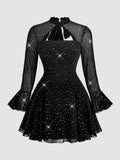 Front view of blue botanical floral mesh mini dress with fitted bodice and flared hem