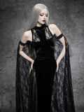 Close-up of black velvet bodice with sheer floral lace chest panel and cape