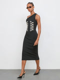 Chic Black Asymmetric Neck Mid-Length Dress with Urban Metal Studs for Stylish Night Outs 
