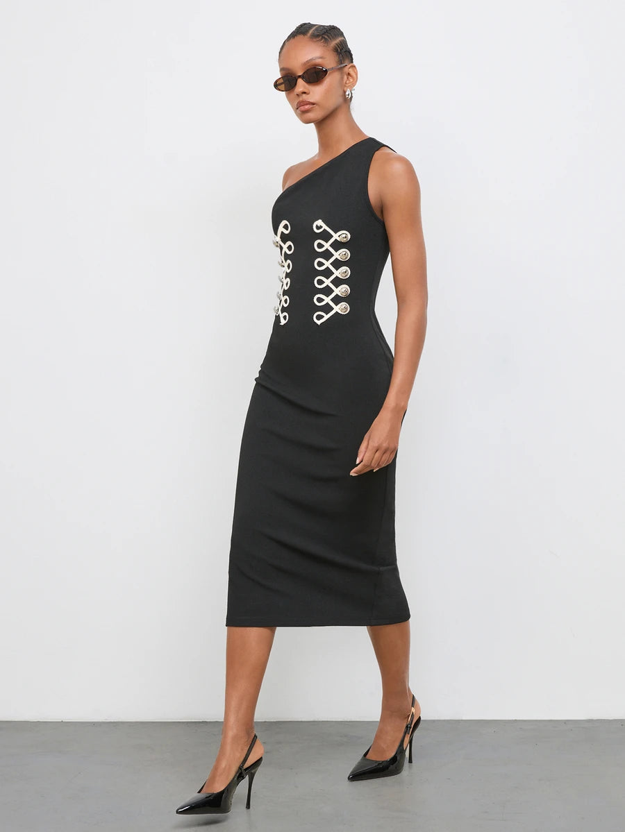 Chic Black Asymmetric Neck Mid-Length Dress with Urban Metal Studs for Stylish Night Outs 