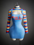 Blue denim-look bodycon mini dress with colorful striped sleeves and Hug Me graphic