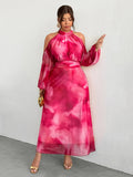 Full front view of pink tie-dye halter cold-shoulder maxi dress