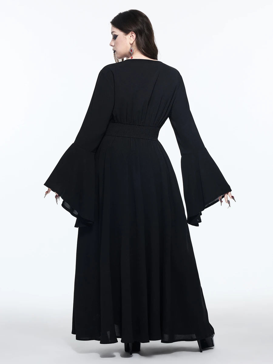 Front view of black gothic plus size maxi dress with embroidered mesh waist and thigh slit