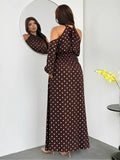 Back view of brown polka-dot halter tie-back maxi dress