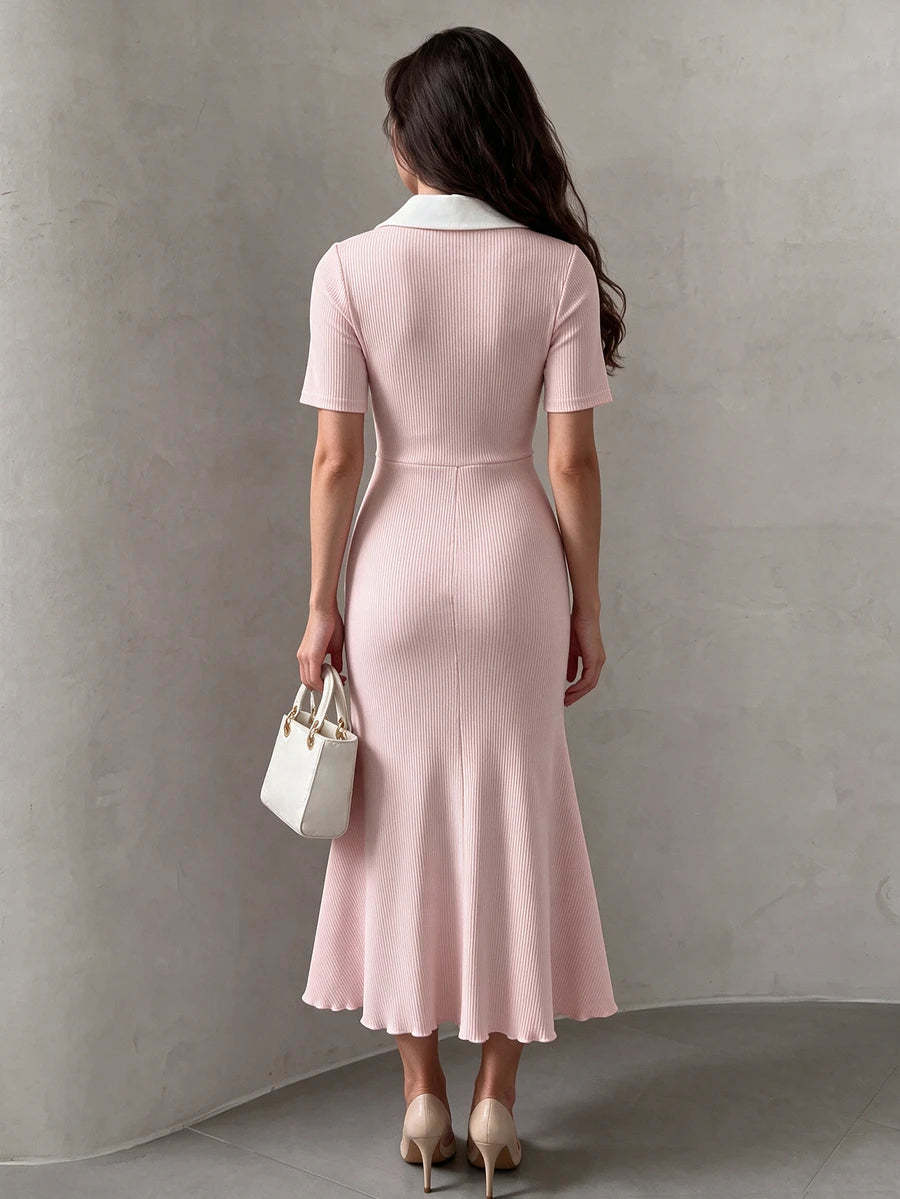 Chic Pink Textured Knit Midi Dress with White Peter Pan Collar and Fishtail Design for Women