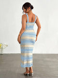 front full view of colorblock striped sleeveless knit midi dress