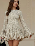 Chic Black and Beige Polka Dot Ruffle Mini Dress for Autumn - Perfect for Tea Parties, Brunches, and Date Nights 