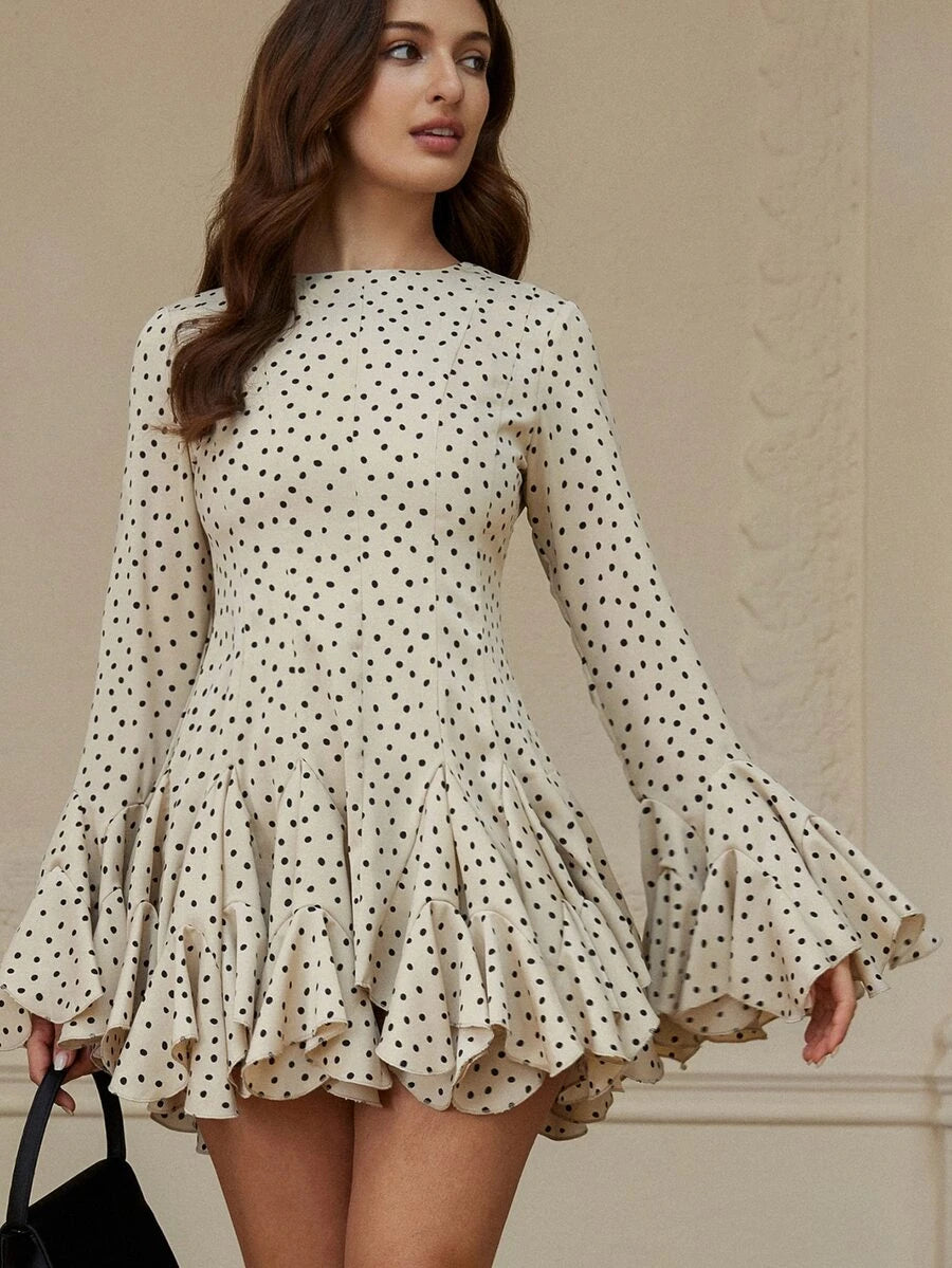Chic Black and Beige Polka Dot Ruffle Mini Dress for Autumn - Perfect for Tea Parties, Brunches, and Date Nights 