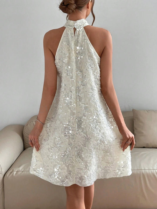 Sparkle & Shine: Solid Sequin Halter Dress for Dazzling Evenings