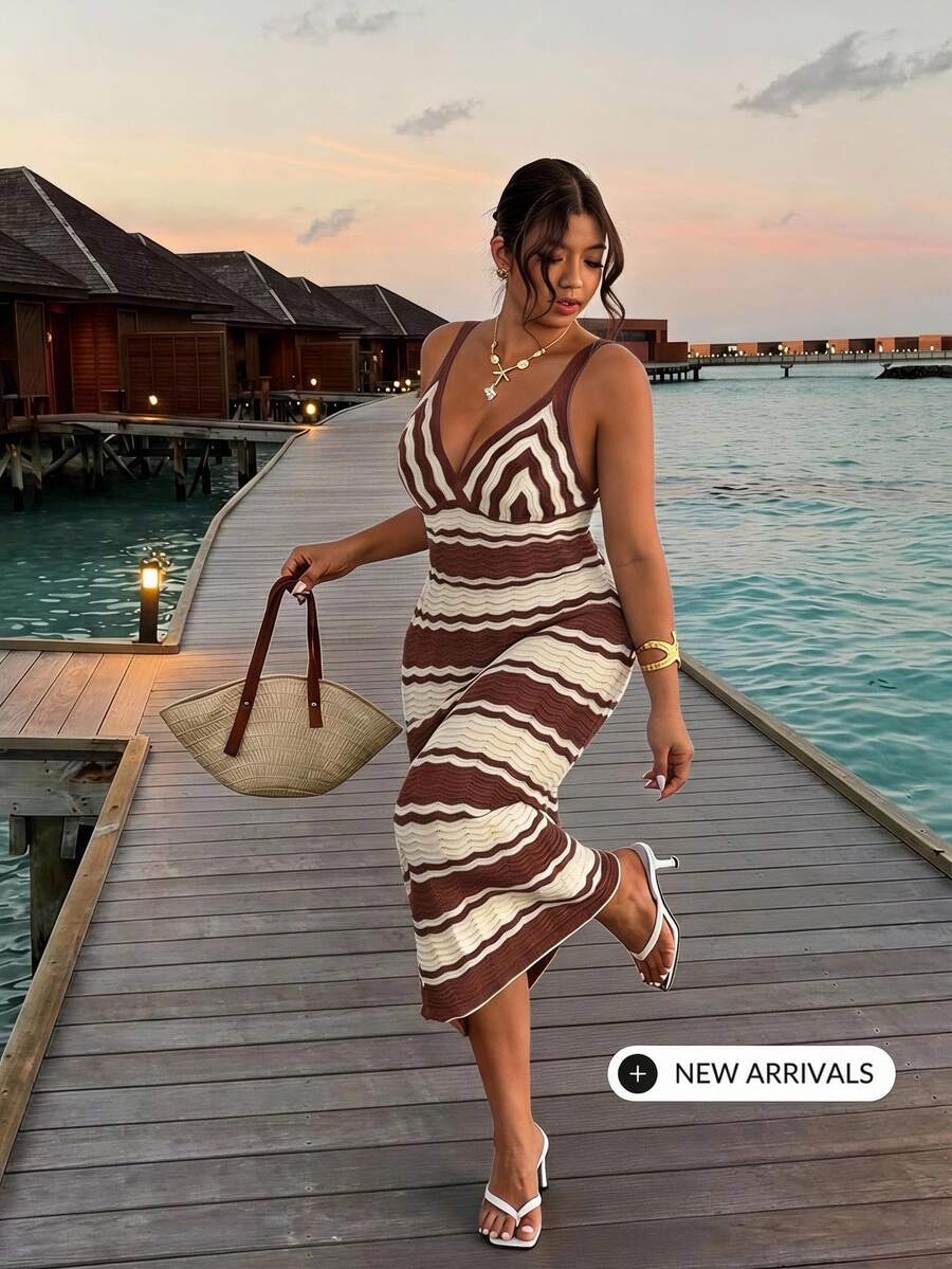 front full view of colorblock striped sleeveless knit midi dress