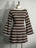 Full front view of brown-and-cream striped knit mini dress with bell sleeves