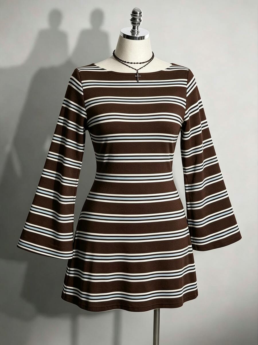Full front view of brown-and-cream striped knit mini dress with bell sleeves
