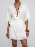 White V Neck Tie Waist Mini Dress with Short Sleeves for Summer Beach Vacations