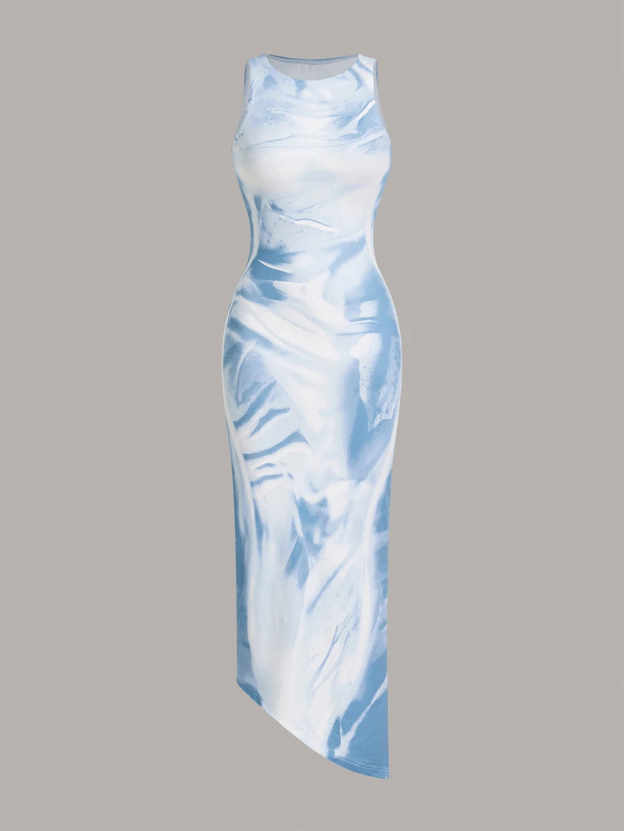 Side back view of silver gray tie-dye bodycon maxi dress with split hem