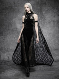 Black gothic stand collar velvet maxi dress with draped floral lace cape