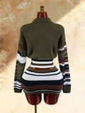 Back product view of olive knit crop sweater with striped long sleeves and mini skirt