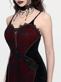 Three-quarter view of gothic corset dress with red black brocade panels and rose appliques