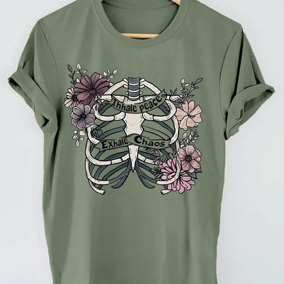 Skull and Floral Fusion: Women's Casual Top with Short Sleeves