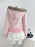 Back view of blush leopard zip-up hoodie with grey faux-fur trimmed hood