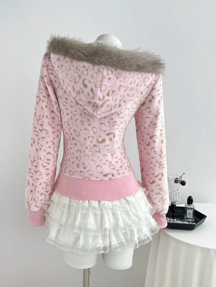 Back view of blush leopard zip-up hoodie with grey faux-fur trimmed hood
