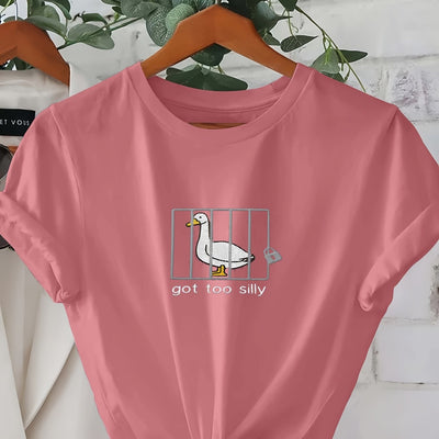 Women's Silly Goose Graphic Tee: Stylish Crew Neck Knit Top for Summer and Spring