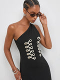 Chic Black Asymmetric Neck Mid-Length Dress with Urban Metal Studs for Stylish Night Outs 