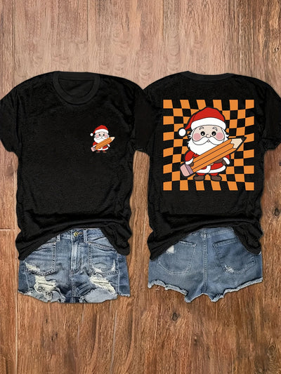 Joyful Santa: Women's Plus Size Christmas Casual T-Shirt with Santa Claus Print and Short Sleeves