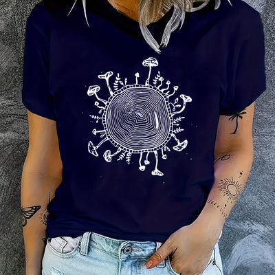 Whimsical Mushroom Print Casual Tee for Women - Short Sleeve Comfort Top