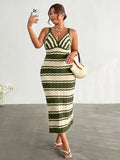front close view of colorblock striped sleeveless knit midi dress